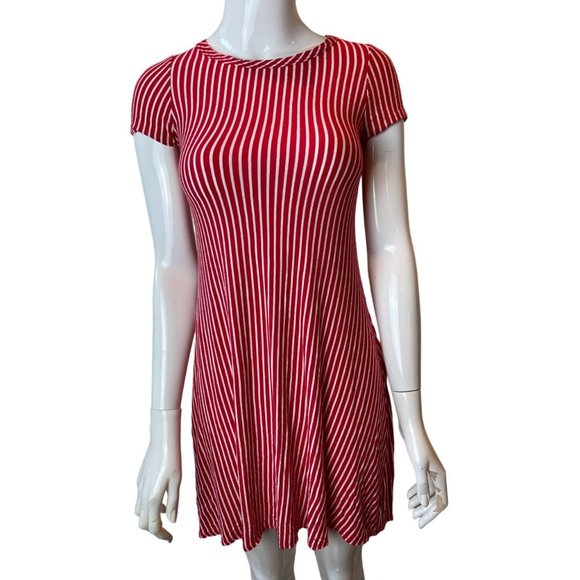 TMG Women Striped Mini Dress Cap Sleeve Stretch Round Neck Knitted Red White S - Picture 1 of 7